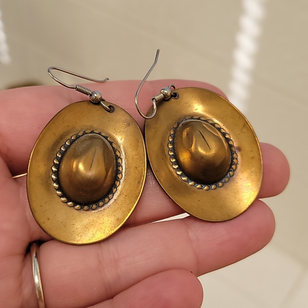 Brass cowboy hat earrings